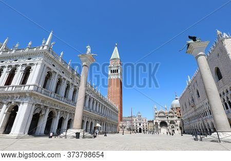 Piazza San Marco With Columns But Without People Due To The Coronavirus Epidemic That Imposed The Lo