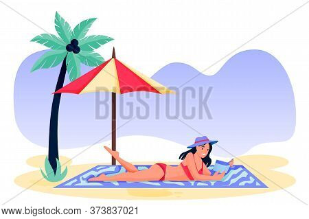 Woman Lying On Sand And Reading Book. Young Girl In Red Bikini On Beach. Vector Flat Cartoon Charact
