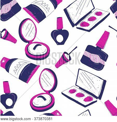 Makeup Cosmetic Products For Women, Seamless Pattern Vector