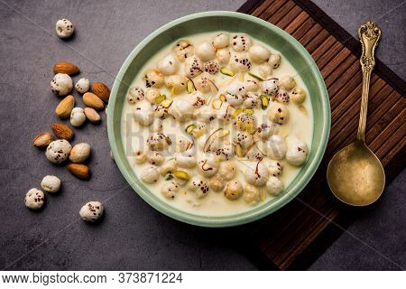 Sweet Roasted Makhana Kheer Is An Indian Dessert Recipe, Served In A Bowl Garnished With Dry Fruits