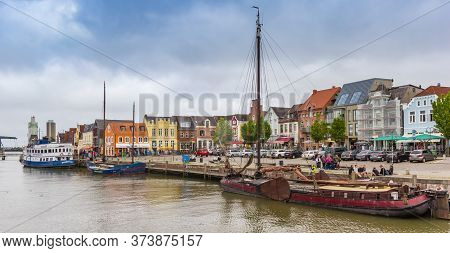 Husum, Germany - June 27, 2019: Panorama Of An Old Wooden Sailing Ship In The Harbor Of Husum, Germa