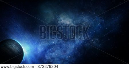 Abstract Space 3d Illustration, 3d Image, Planet In Space In The Blue Stars, Eclipse, Background Ima