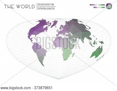 Polygonal Map Of The World. Bottomley Projection Of The World. Purple Green Colored Polygons. Stylis