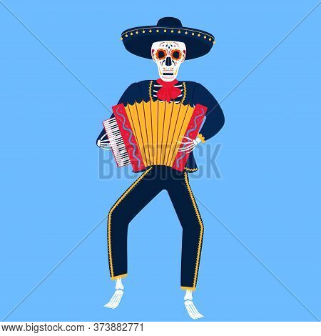Mariachi. A Funny Skeleton Plays The Accordion. Sugar Skull For The Day Of The Dead