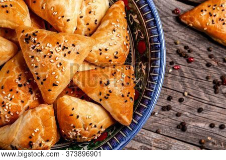 Puff Pastries With Meat Samosa Samsa - Traditional Uzbek And Indian Pasrty. Top View. Traditional Or