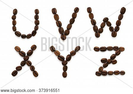Alphabet Made Up Of Coffee Beans. U V W X Y Z Isolated On A White Background