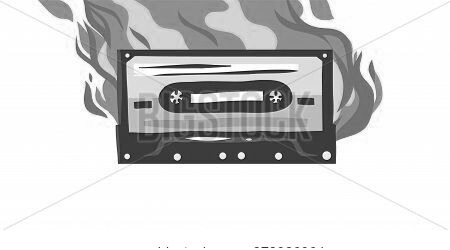 Hand Drawn Vector Abstract Stock Flat Graphic Illustration With Burning Retro Casette For Media Play