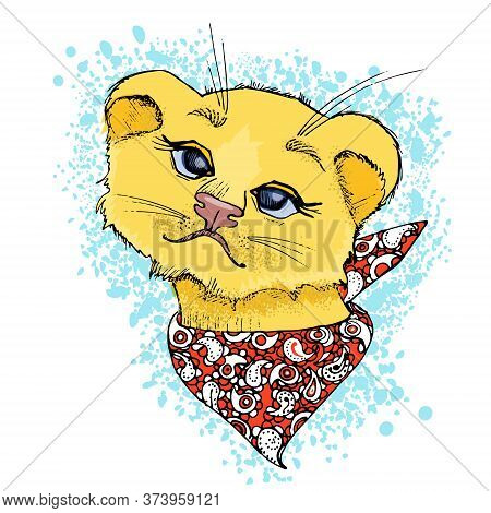 Lion Cub With A Bandana On His Neck And Background In The Form Of A Blue Blot.