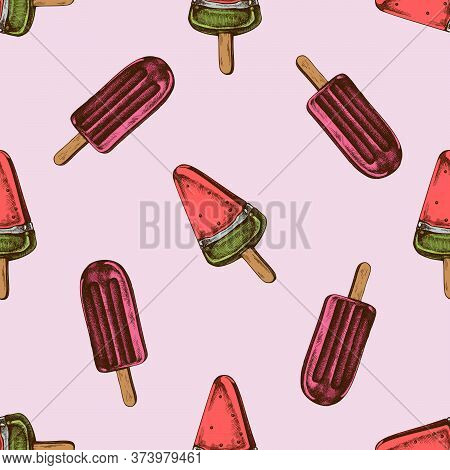Seamless Pattern With Hand Drawn Colored Popsicle Ice Cream Stock Illustration