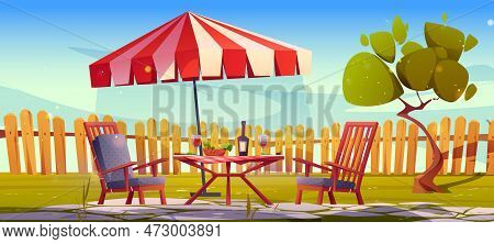 Backyard Garden With Table And Wine Bottle Vector Cartoon Background. Summer House Patio Yard For Pi
