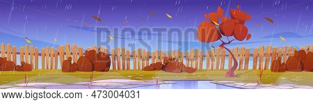 Autumn Backyard Garden With Wooden Fence, Rainy Weather Vector Illustration. Empty Fall Back Yard Wi