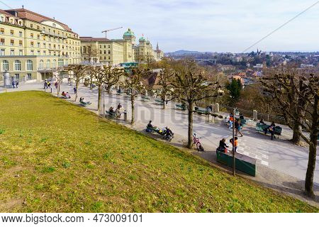 Bern, Switzerland - February 22, 2023: View Of The City From The Kleine Schanze Hill, With Various B
