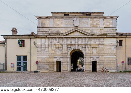 Mantua, Italy - February 27, 2023: View Of The Medieval Gate Porta Giulia, In Mantua (mantova), Lomb