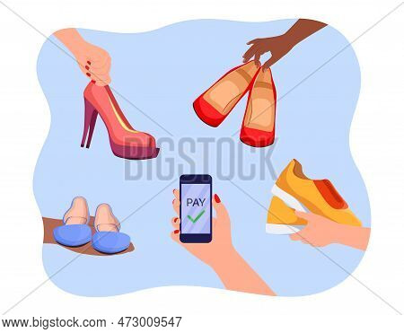 Hand Of Person Buying Shoes In Online Secondhand Store Via Phone. Hands Of Sellers Or Customers Hold