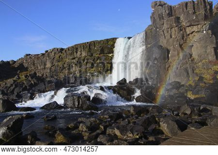 The Oxararfoss Waterfalls In Iceland. Oxarafoss Also Called Oxararfoss Is Located In The Thingvellir