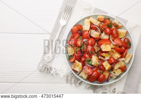 Summer Bread And Tomato Salad Apulian Acquasala Closeup On The Plate On The Table. Horizontal Top Vi