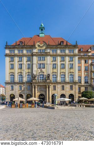 Dresden, Germany - September 11, 2020: Historic Buildings At The Altmarkt Square In Dresden, Germany