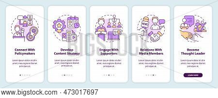 Social Media Strategies For Advocacy Onboarding Mobile App Screen. Walkthrough 5 Steps Editable Grap