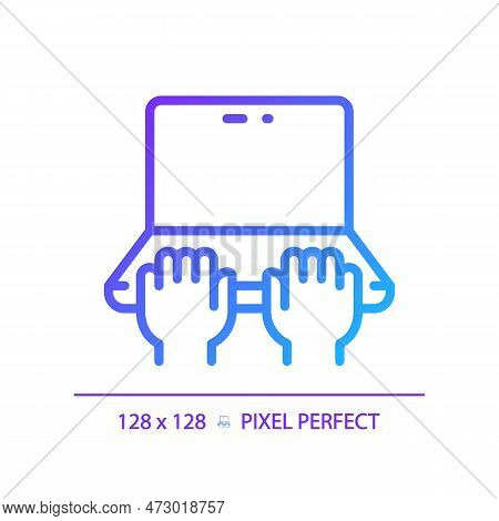 Hands With Laptop Pixel Perfect Gradient Linear Vector Icon. Person Working On Notebook Computer. Ty