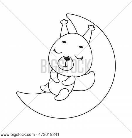 Coloring Page Cute Little Squirrel Sleeping On Moon. Coloring Book For Kids. Educational Activity Fo