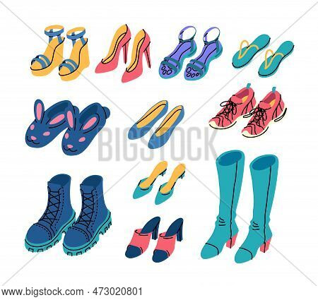 Vector Woman Shoes Doodle Set. Variety Of Woman Shoe Wear Types. Boots, High Heels, Sandals Pairs. B