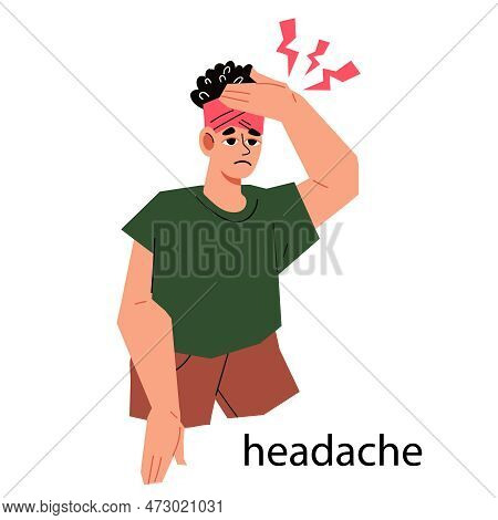 Head Pain And Chronic Migraine, Flat Cartoon Vector Illustration Isolated On White Background. Woman