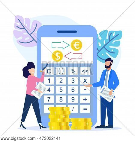 Vector Illustration Of Modern Business Concept Style. Currency Exchange, Online Money Transactions, 