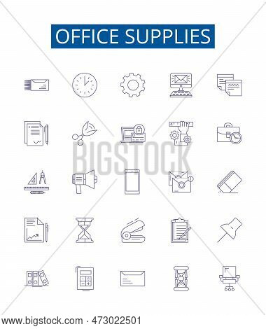 Office Supplies Line Icons Signs Set. Design Collection Of Stationery, Pens, Envelopes, Paper, Notep