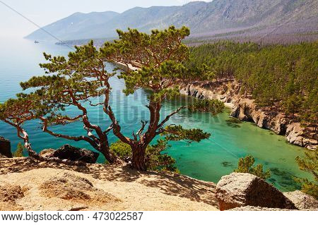 Beautiful Summer Landscape Of Lake Baikal, Sandy Bay. Turquoise Color Of Lake Water, Mountains Cover