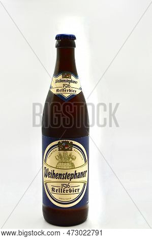 A Closeup Of Weihenstephaner 1516 Kellerbier Against A White Background. Blue Mountains, Nsw, Austra