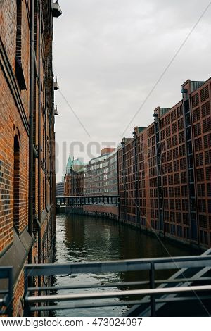 Cityscape Of Sandtorhafen Canal, Hamburg Speicherstadt And Hafencity