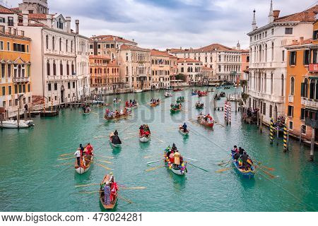 Venice, Italy, Grand Canal. Venice Carnival Opening With Gondola Boat Water Parade