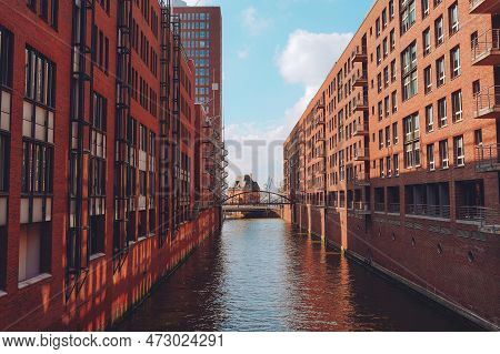 Cityscape Of Sandtorhafen Canal, Hamburg Speicherstadt And Hafencity
