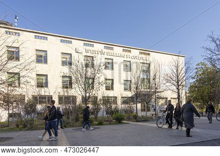 Tirana, Albania. March 2023.  External View Of The Italian Cultural Institute Building In The City C