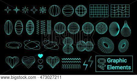Collection Of 40 Graphic Vector Blue Y2k Abstract Elements.