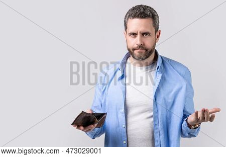 Moneyless Man With Wallet At Hand, Copy Space Banner. Photo Of Moneyless Man With Wallet.