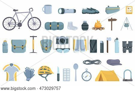 Bike Trip Icons Set Cartoon Vector. Camp Tool. Safety Travel