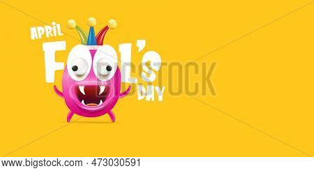 April Fools Day Funky Horizontal Banner With Silly Pink Clown Monster Character Isolated On Orange B