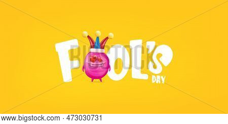 April Fools Day Funky Horizontal Banner With Silly Pink Clown Monster Character Isolated On Orange B