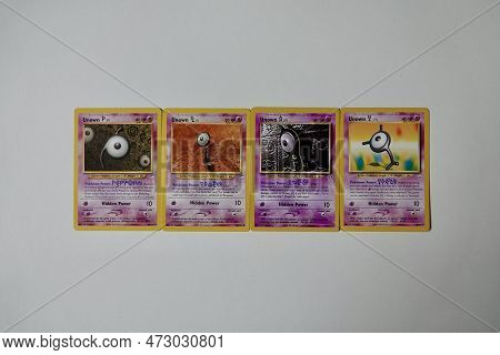 Prague, Czech Republic - April 3 2022: Word Play Composed Of Unown Pokemon Cards. The Pokemon Tradin