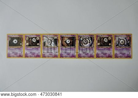 Prague, Czech Republic - April 3 2022: Word Pokemon Composed Of Unown Pokemon Cards. The Pokemon Tra