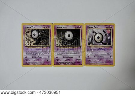 Prague, Czech Republic - April 3 2022: Word Fun Composed Of Unown Pokemon Cards. The Pokemon Trading
