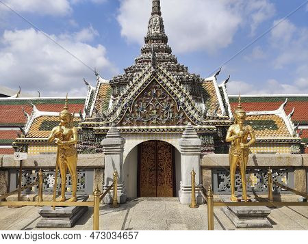 Gold Statue Of Kinnari , Mythical Creature Half Human Half Bird, At Temple Of Emerald Buddha, Grand 