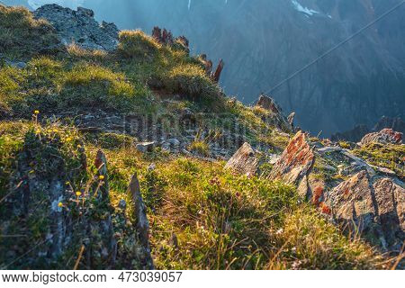 Colorful Mountain Scenery On Abyss Edge With Sharp Stones Among Green Flora In Sunlight. Sunny View 