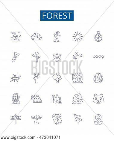 Forest Line Icons Signs Set. Design Collection Of Woodland, Trees, Jungle, Grove, Bush, Greenery, Gl
