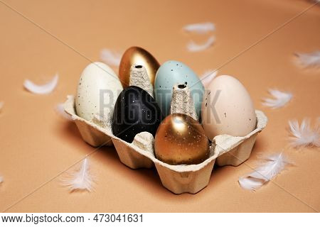 Easter Is Coming, A Tray With Painted Eggs, On A Nude Background. Celebrations And Traditions. Blue,