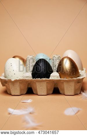 Easter Is Coming, A Tray With Painted Eggs, On A Nude Background. Celebrations And Traditions. Blue,