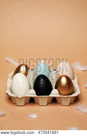 Easter Is Coming, A Tray With Painted Eggs, On A Nude Background. Celebrations And Traditions. Blue,