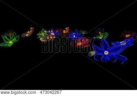 Unusual Lantern Festival Chinese Culture Whimsical Shapes Flowers Landscape Black Background