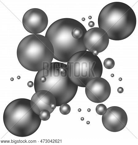 Black Chaotic Balls On A White Background. Soap Light Water Bubble Collection Of Illustration. Monoc